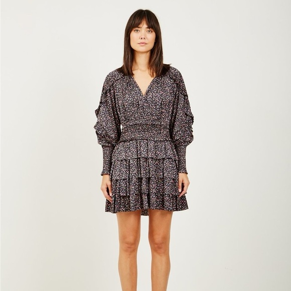 Ulla Johnson Dress US 4 Mini Black Pink Ditsy Floral Soraya Tiered Ruffle Boho - Picture 1 of 14